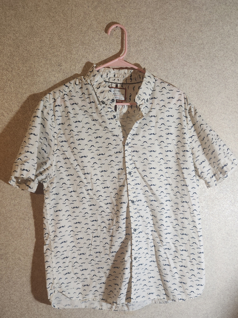 Denim & Flower White Short-Sleeve Button-Up Shirt with Navy Mustache Print